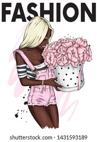 Beautiful girl in stylish overalls. Fashionista with a box of peonies. Flowers A girl with long hair holds a bouquet. Fashion and style, clothing and accessories. Vector illustration for postcard.