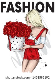 Beautiful girl in stylish overalls. Fashionista with a box of peonies. Flowers A girl with long hair holds a bouquet. Fashion and style, clothing and accessories. Vector illustration for postcard.