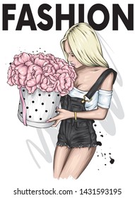 Beautiful girl in stylish overalls. Fashionista with a box of peonies. Flowers A girl with long hair holds a bouquet. Fashion and style, clothing and accessories. Vector illustration for postcard.