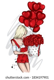 Beautiful girl in stylish overalls. Fashionista with a box of peonies. Flowers A girl with long hair holds a bouquet. Fashion and style, clothing and accessories. Heart shaped balloons. Valentine's.