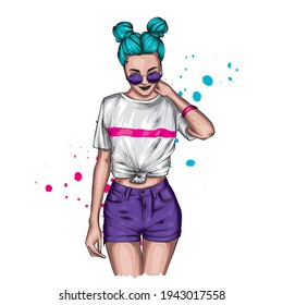 Beautiful girl in stylish shorts and top. Illustration for a postcard or poster, fashion and style.