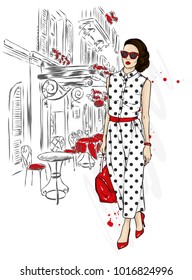 Beautiful girl in a stylish suit, shoes, glasses and with a bag. Fashionable clothes and accessories. Fashion & Style. Vector illustration for a postcard or a poster. Woman in trousers.