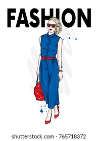 Beautiful girl in a stylish suit, shoes, glasses and with a bag. Fashionable clothes and accessories. Fashion & Style. Vector illustration for a postcard or a poster. Woman in trousers.