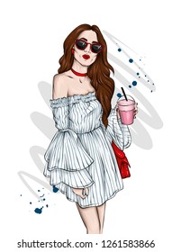 Beautiful girl in a stylish summer dress and glasses. Stylish girl with a cocktail. Vector illustration for ottyki or poster, print on clothes. Fashion & Style.