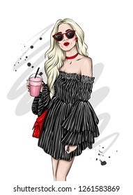 Beautiful girl in a stylish summer dress and glasses. Stylish girl with a cocktail. Vector illustration for ottyki or poster, print on clothes. Fashion & Style.