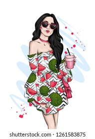 Beautiful girl in a stylish summer dress and glasses. Stylish girl with a cocktail. Vector illustration for ottyki or poster, print on clothes. Fashion & Style.