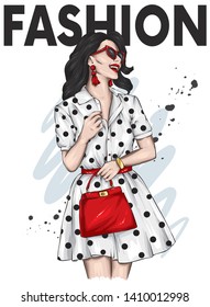 Beautiful girl in a stylish summer dress and glasses. Vector illustration for ottyki or poster, print on clothes. Fashion & Style. 