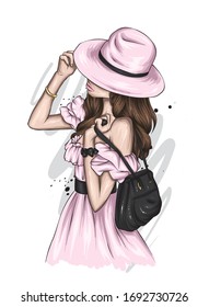 Beautiful girl in a stylish summer dress and hat. Vector illustration for poster, print on clothes. Fashion & Style. 