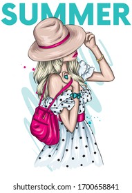 Beautiful girl in a stylish summer dress and hat. Vector illustration for ottyki or poster, print on clothes. Fashion & Style. 