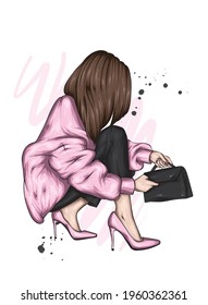 Beautiful girl in a stylish sweater and shoes. Fashion and style, clothing and accessories. Vector illustration.