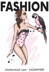 Beautiful girl in a stylish swimsuit. Parrot. Summer and rest. Fashion, style, clothing and accessories. Illustration for a postcard or poster, print on clothes. Woman with long hair.