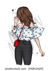 Beautiful girl in a stylish top and jeans. Vector illustration. Fashion and style, clothing and accessories.