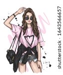 Beautiful girl in a stylish t-shirt and shorts. Summer clothes. Fashion & Style. Vector illustration for greeting card or poster. 