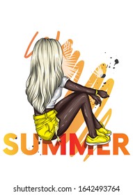 Beautiful girl in a stylish t-shirt and shorts. Summer clothes. Fashion & Style. Vector illustration for greeting card or poster. 