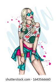 Beautiful girl in a stylish t-shirt and shorts. Summer clothes. Fashion & Style. Vector illustration for greeting card or poster. 