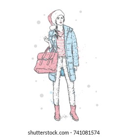 Beautiful girl in a stylish winter coat and Santa Claus hat. Vector illustration. Christmas and New Year.