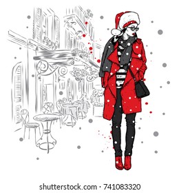 Beautiful girl in a stylish winter coat and Santa Claus hat. Vector illustration. Christmas and New Year.