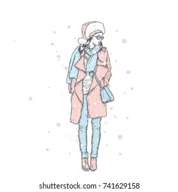 Beautiful girl in a stylish winter coat and Santa Claus hat. Vector illustration. Christmas and New Year.