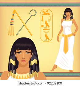 beautiful girl stylized into Cleopatra, her name written in Egyptian hieroglyphics and pharaoh symbols