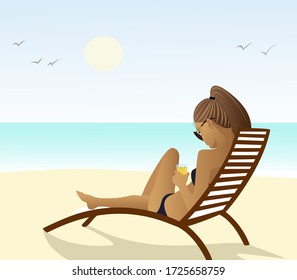 Beautiful girl sunbathes on the beach. Cute illustration.