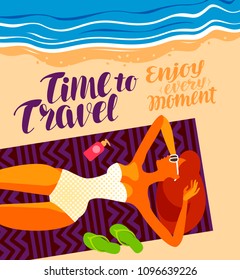 Beautiful girl sunbathing on beach. Travel, vacation or relaxation concept