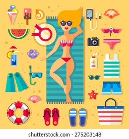 Beautiful girl sunbathing on beach. Summer vacation, holidays on sea coast: ice cream, watermelon, hat, diving, sunglasses, seashells, sand, camera, swimsuit, starfish, bag. Vector flat illustration