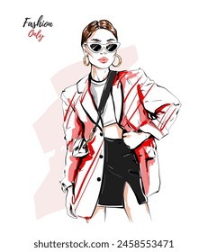 Beautiful girl in sunglasses. Fashion woman. Fashion look. Vector illustration.