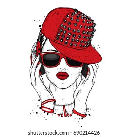 A beautiful girl in sunglasses, headphones and a stylish cap. Vector illustration for a postcard or a poster, print for clothes. Fashion & Style.