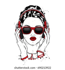 A beautiful girl in sunglasses and headphones. Vector illustration for a postcard or a poster, print for clothes. Fashion & Style.