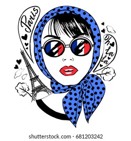 Beautiful girl in sunglasses with symbol France-Eiffel tower. Fashion young woman and French capital Paris. Vector sketch illustration