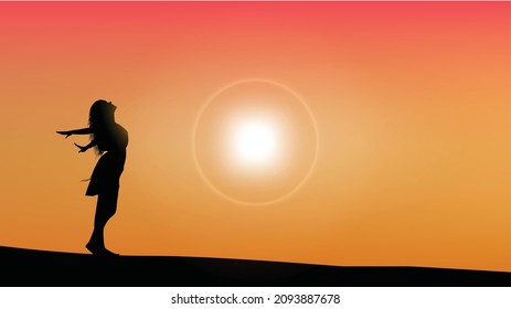 beautiful girl sunset or morning relaxing freedom shadow silhouette art vector background 