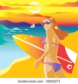 Beautiful girl with a surf board on the beach