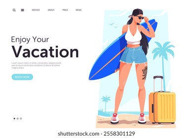 A beautiful girl with a surfboard stands on the beach. Illustration of a tropical vacation. Woman surfer. Summer travel banner design.