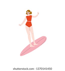 Beautiful Girl Surfer in Red Swimsuit Riding Surfboard Catching Waves, Young Woman Enjoying Summer Vacation, Recreational Water Sport Vector Illustration