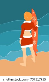 Beautiful girl surfer wearing santa claus clothes with the surfboard. Summer beach. Top view