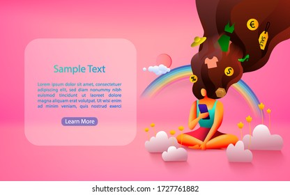Beautiful girl surfing internet on her smartphone. Online shopping on mobile application. Isometric mobile store. Vector illustration.