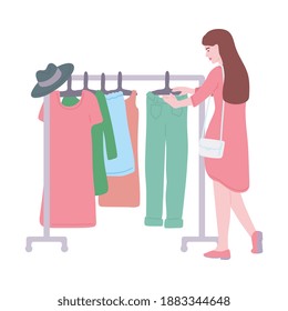 Beautiful girl at a swap party, flea market or old things sale. Clothes donation. Concept of eco lifestyle. Flat vector illustration isolated on a white background.