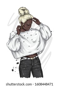Beautiful girl in a sweater and trousers. Woman with a stylish haircut. Vector illustration for a card or poster, print on clothes.
