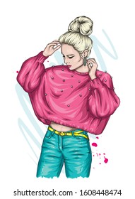 Beautiful girl in a sweater and trousers. Woman with a stylish haircut. Vector illustration for a card or poster, print on clothes.