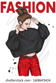 Beautiful girl in a sweater and trousers. Woman with a stylish haircut. Vector illustration for a card or poster, print on clothes.