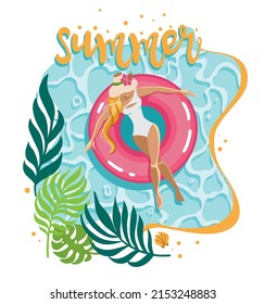 Beautiful Girl Swims In The Sea On An Inflatable Ring. Pool Party. Summer Vibes. Vector Illustration.