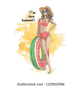 Beautiful girl in swimsuit and hat. Fashionable woman in sunglasses holding an inflatable circle for the pool. Hand drawn sketch. Vector illustration.