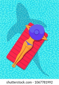beautiful girl in swimsuit and hat lies on mattress in sea with silhouette of shark or whale. summer poster. summertime