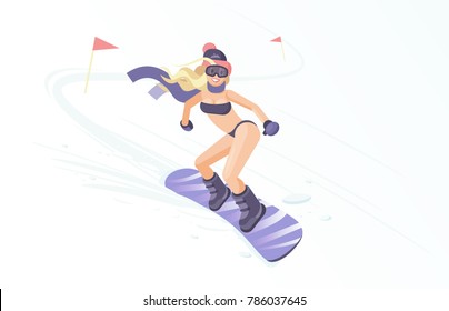 Beautiful girl in swimsuit riding fast on snowboard - vector illustration in flat style. Skiing and Snowboarding winter concept.