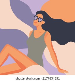 Beautiful girl in swimsuit sits on beach. Light clouds compound beach vibes phrase on blue sky. Vector Illustration for Beach Holidays, Summer vacation