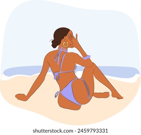 Beautiful girl in swimsuit sitting on summer beach, seacoast back view. Young woman sunbathing, relaxing on seaside holiday, vacation. Outline colored vector illustration isolated on white background.