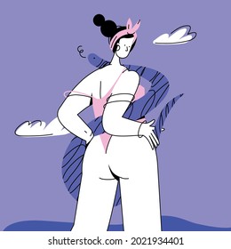 
Hermosa chica con traje de baño con fondo de serpiente y nubes. Ilustración de dibujos animados