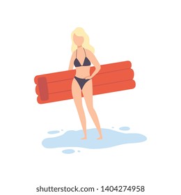 Beautiful Girl in Swimsuit Standing with Air Mattress, Young Woman Relaxing on Beach on Summer Vacation Vector Illustration