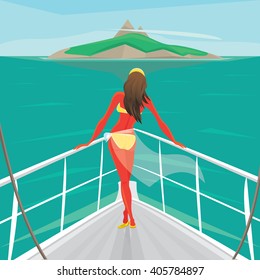 Beautiful girl in a swimsuit standing on the front of the boat deck and looks at an island in the distance. View from the back - Sea voyage or cruise concept. Vector illustration