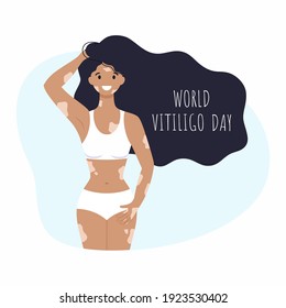 Beautiful girl in a swimsuit and with vitiligo. The inscription world vitiligo day on June 25. A woman has vitiligo. Vector illustration on the topic of rare diseases.